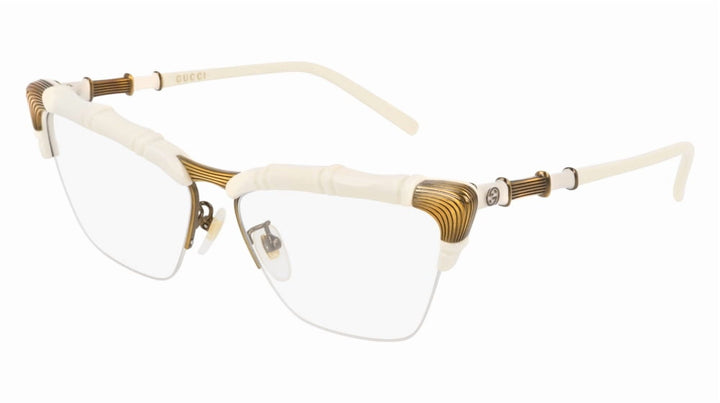 Gucci ivory cat-eye eyeglass frames with gold bamboo-style temple accents