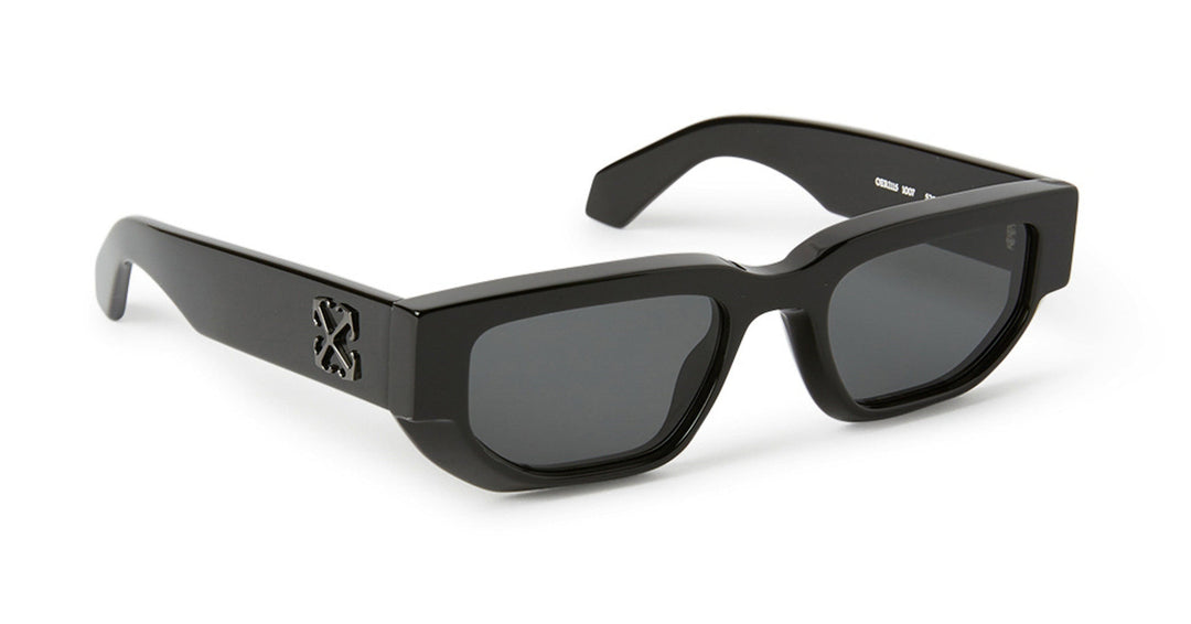 Off White black Greeley sunglasses with dark lenses and logo temple detail