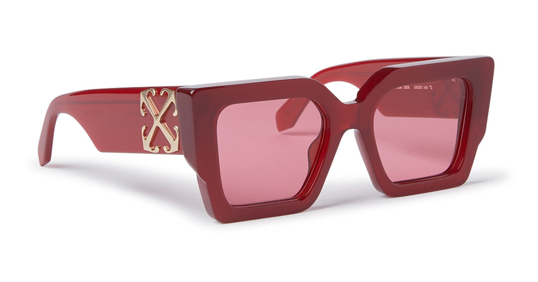 Off White Catalina sunglasses, burgundy red frames with pink lenses and side logo.