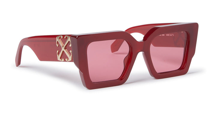 Off White Catalina sunglasses, burgundy red frames with pink lenses and side logo.