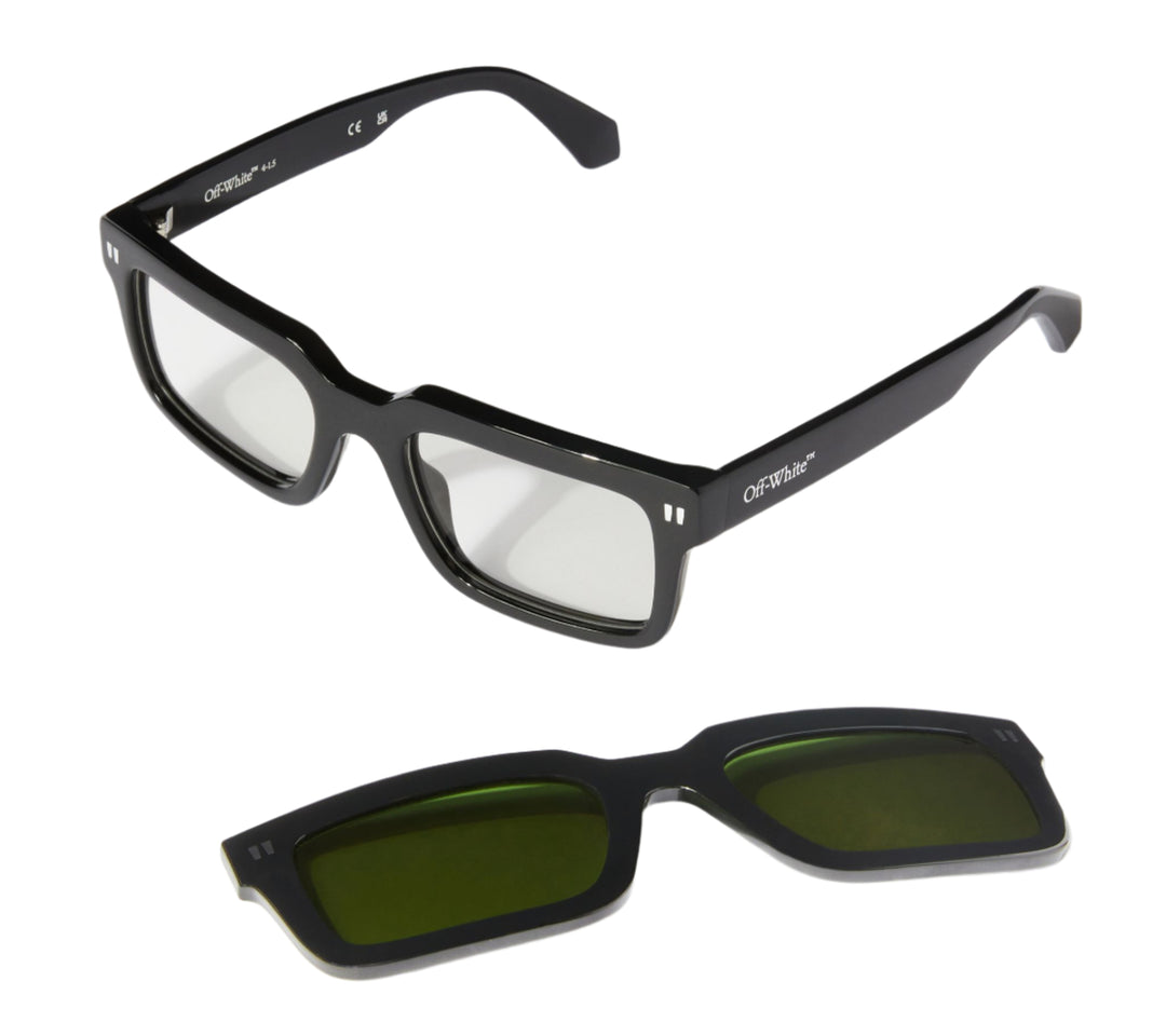 Off White clip-on sunglasses, black frames with dark green lenses, front view