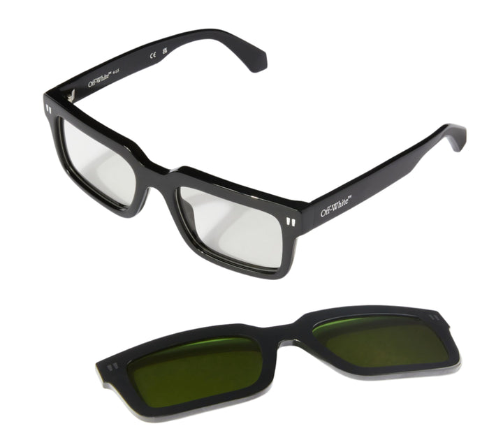 Off White clip-on sunglasses, black frames with dark green lenses, front view