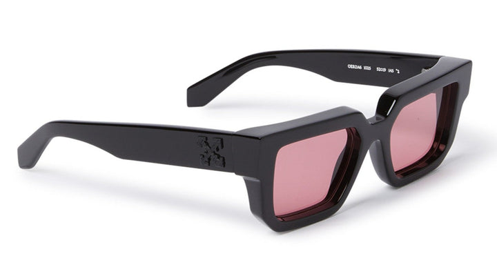 Off White Silverstone black square sunglasses with pink tinted lenses and red-accent temples