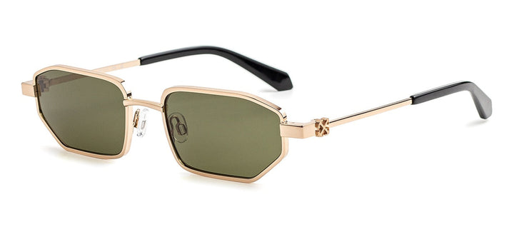 Off White off-White loa sunglasses with gold frame, green lenses, and black temples.