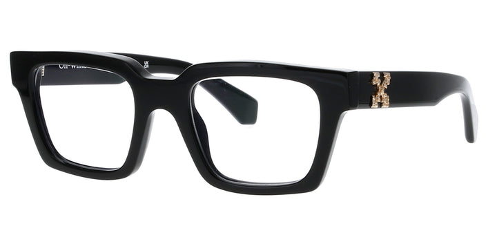 Off White Style black rectangular eyeglass frames with gold logo detail on temple