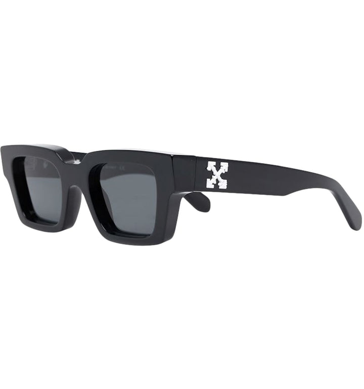 Black rectangular sunglasses with Off White logo on temple, dark tinted lenses