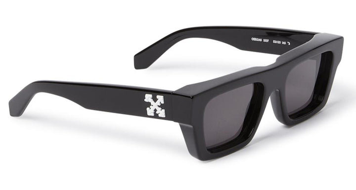 Off White Oregon black rectangular sunglasses with dark lenses and Off-White logo on the temple