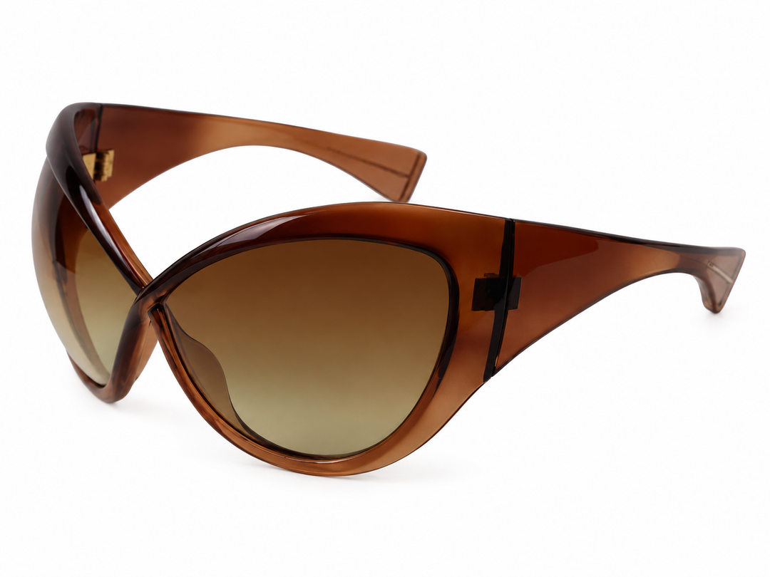Oversized brown mask sunglasses with sculpted frames and gradient lenses