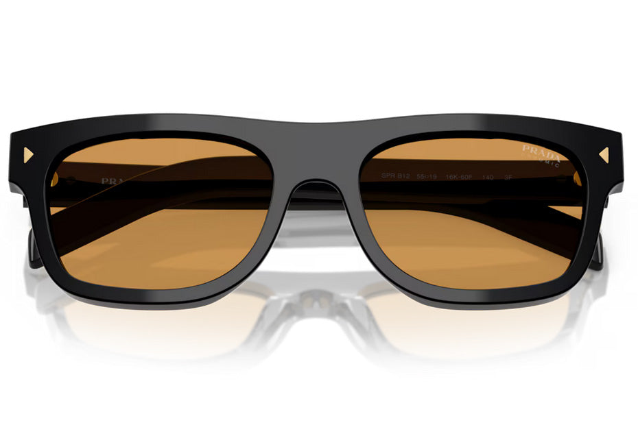Prada PR B12S matte black sunglasses with amber photochromic lenses and logo