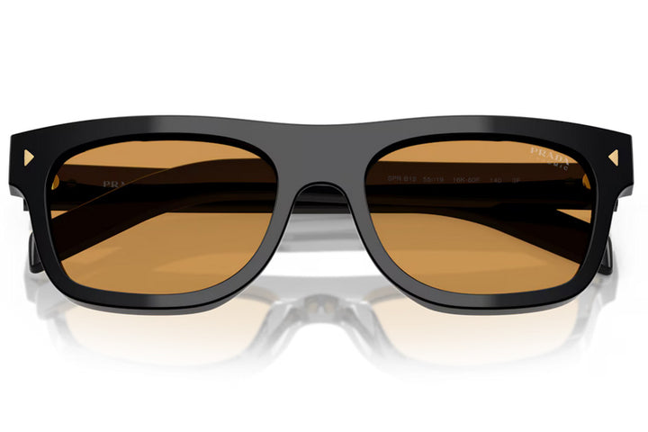 Prada PR B12S matte black sunglasses with amber photochromic lenses and logo