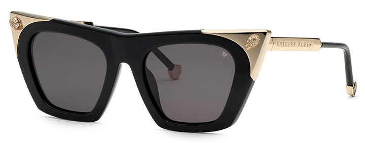 Black cat-eye sunglasses with dark lenses and gold-tone temple details