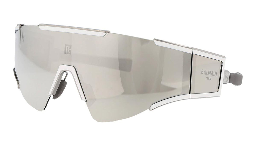 Balmain Fleche oversized mask sunglasses, silver frame, mirrored lenses