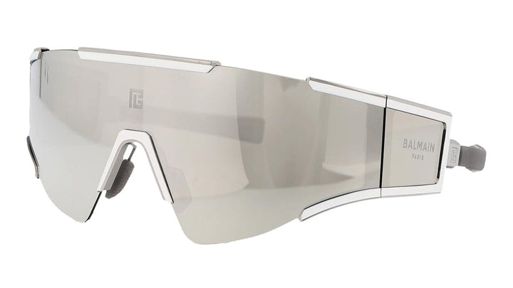 Balmain Fleche oversized mask sunglasses, silver frame, mirrored lenses