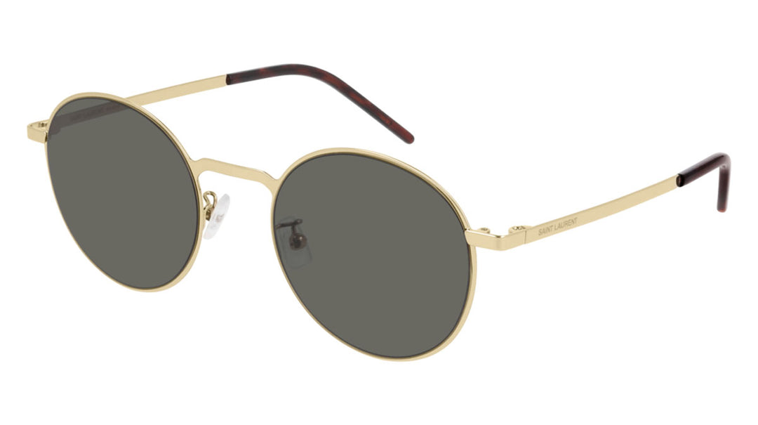 Slim gold round sunglasses with dark gray lenses and thin metal temples