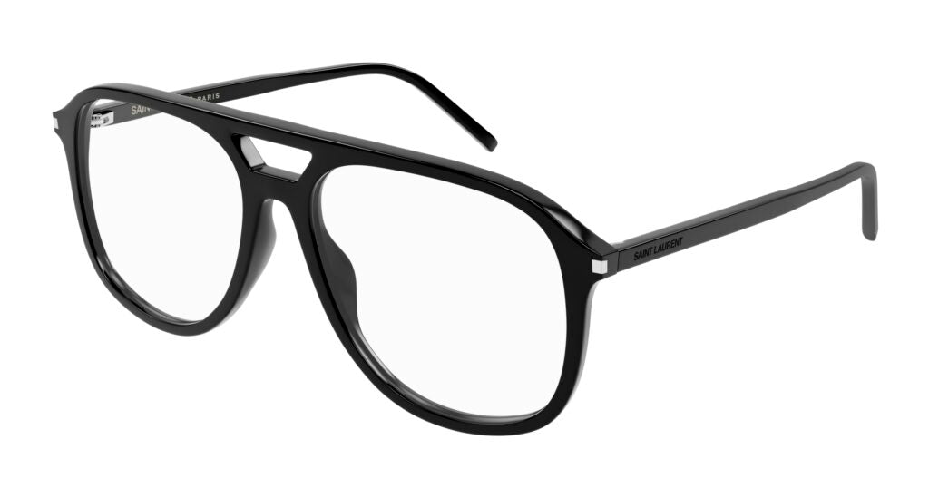 Black aviator eyeglass frames with clear lenses and slim metal bridge.