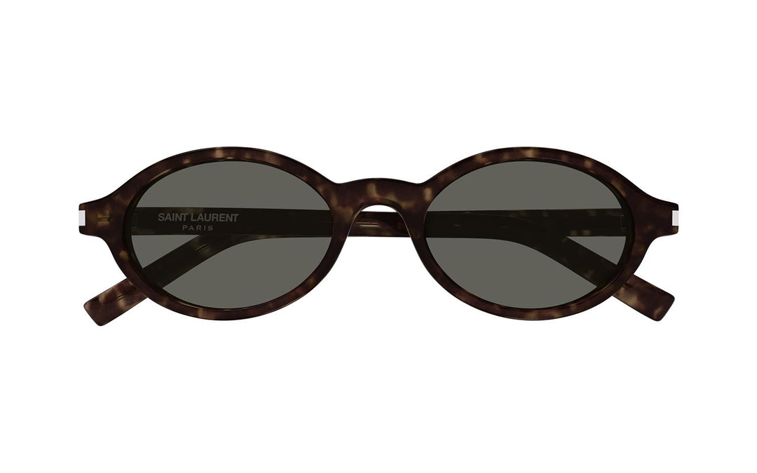 Havana brown oval sunglasses with dark lenses and tortoiseshell front frame