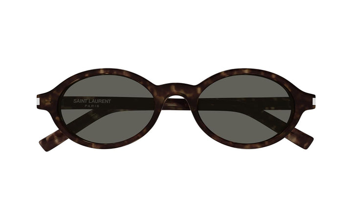 Havana brown oval sunglasses with dark lenses and tortoiseshell front frame