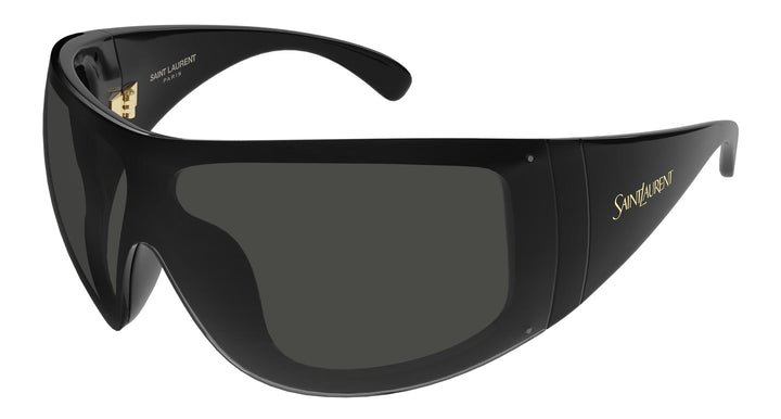 Black mask-style sunglasses with dark lenses and thick frame, Saint Laurent branding