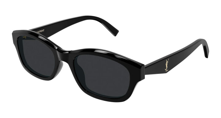 Black cat-eye sunglasses with dark lenses and Saint Laurent logo at temples