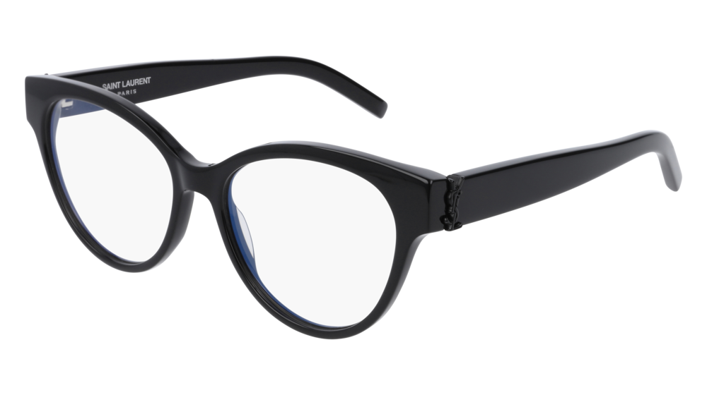 Black cat-eye eyeglass frames with Saint Laurent logo on temples