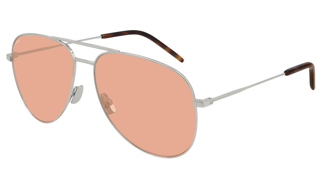 Aviator sunglasses with pink tinted lenses and silver metal frame, brown temple tips