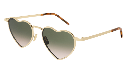 Gold-tone heart-shaped sunglasses with dark gradient lenses and thin metal frames