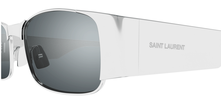 Silver Saint Laurent SL738 sunglasses, side view with dark gray gradient lenses