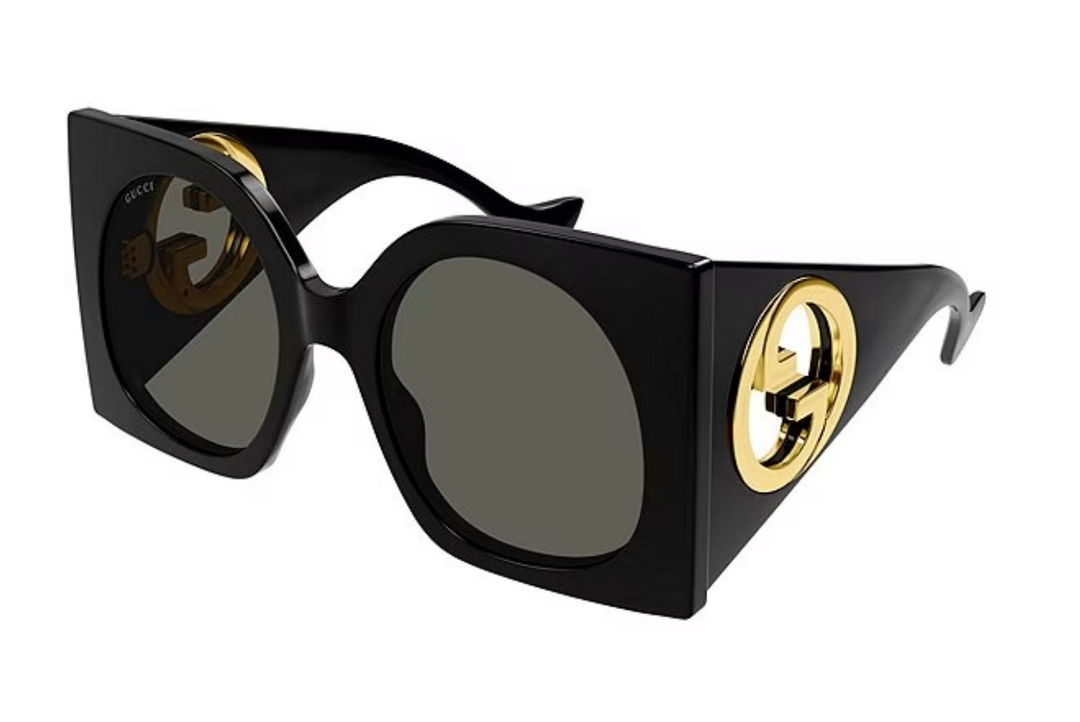 Authentic Gucci Men Black Rectangular Sunglasses GG0811S-001 Gold GG Temples