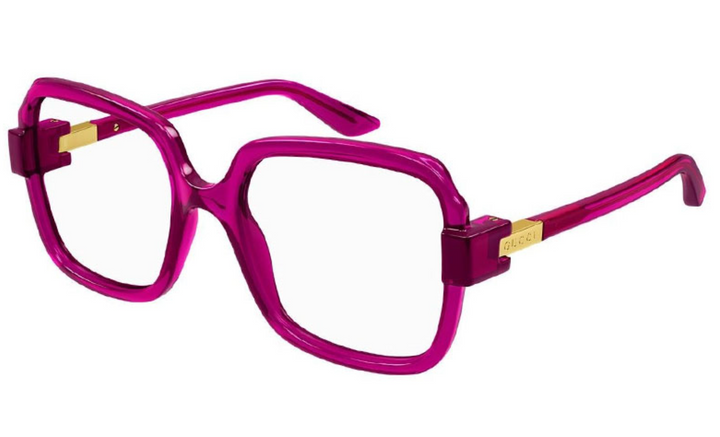 Pink oversized square eyeglass frames with Gucci logo on the temple