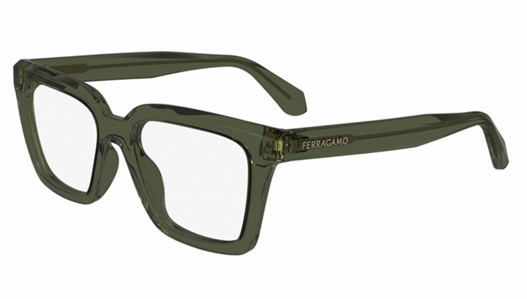 Salvatore Ferragamo green rectangular eyeglasses frames with logo on temple