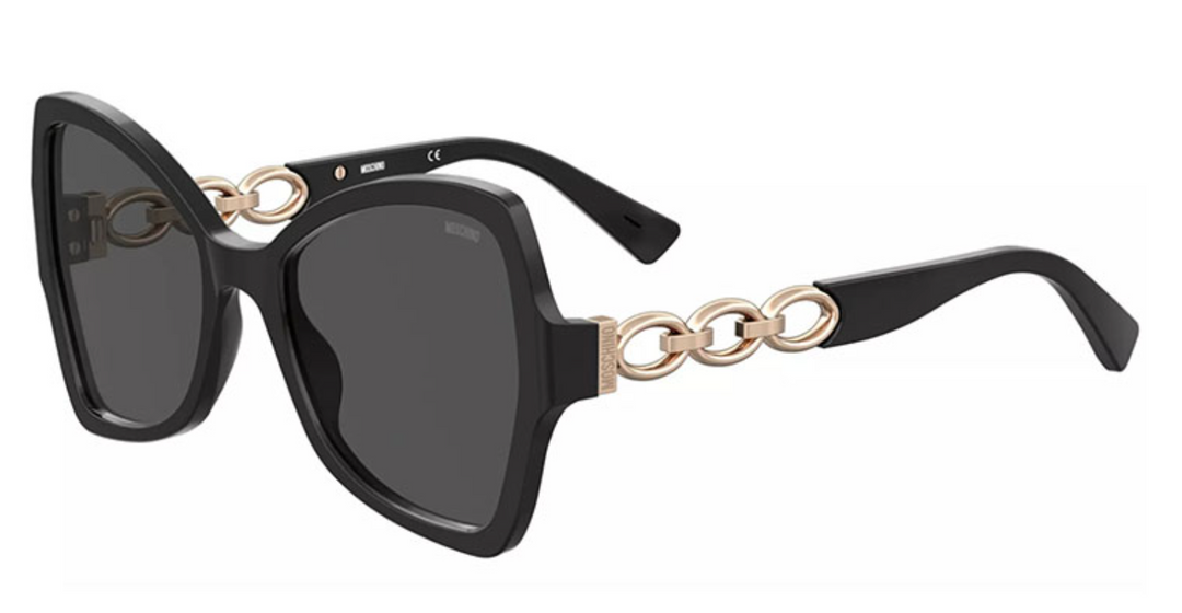 Moschino black chain butterfly sunglasses with dark lenses and gold link detail