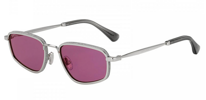 Jimmy Choo Gal silver metal glitter sunglasses, side view, purple tinted lenses, slim arms