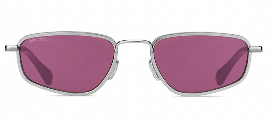 Silver metal glitter sunglasses with purple tinted lenses and cat-eye silhouette