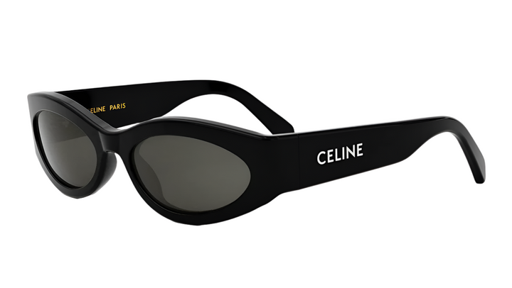 Black cat-eye sunglasses with dark lenses and Celine logo on temples
