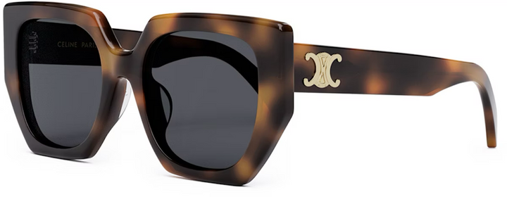 Celine CL40239F square cat sunglasses with brown tortoise frames and dark lenses, gold Triomphe side logo