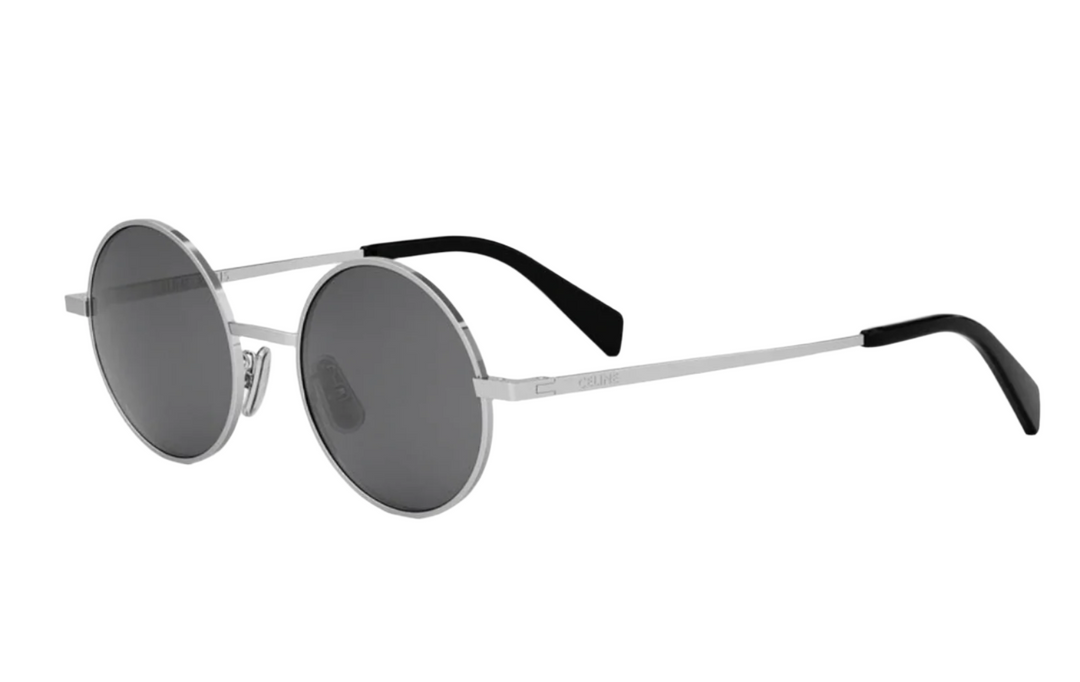 Celine CL40306U silver round unisex sunglasses with dark lenses and slim metal frames, black temples.