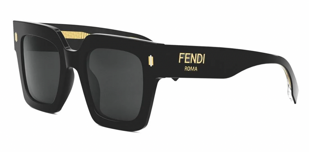 Fendi Roma black square sunglasses with dark lenses and gold side emblem