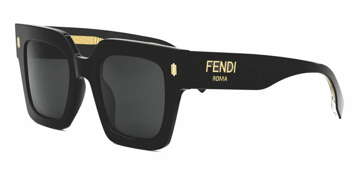 Fendi Roma black square sunglasses with dark lenses and gold side emblem