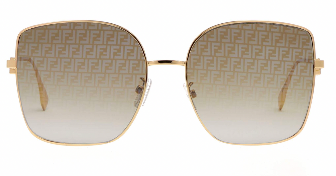 Fendi gold monogram mirror sunglasses, front view with square cat-eye mirrored lenses