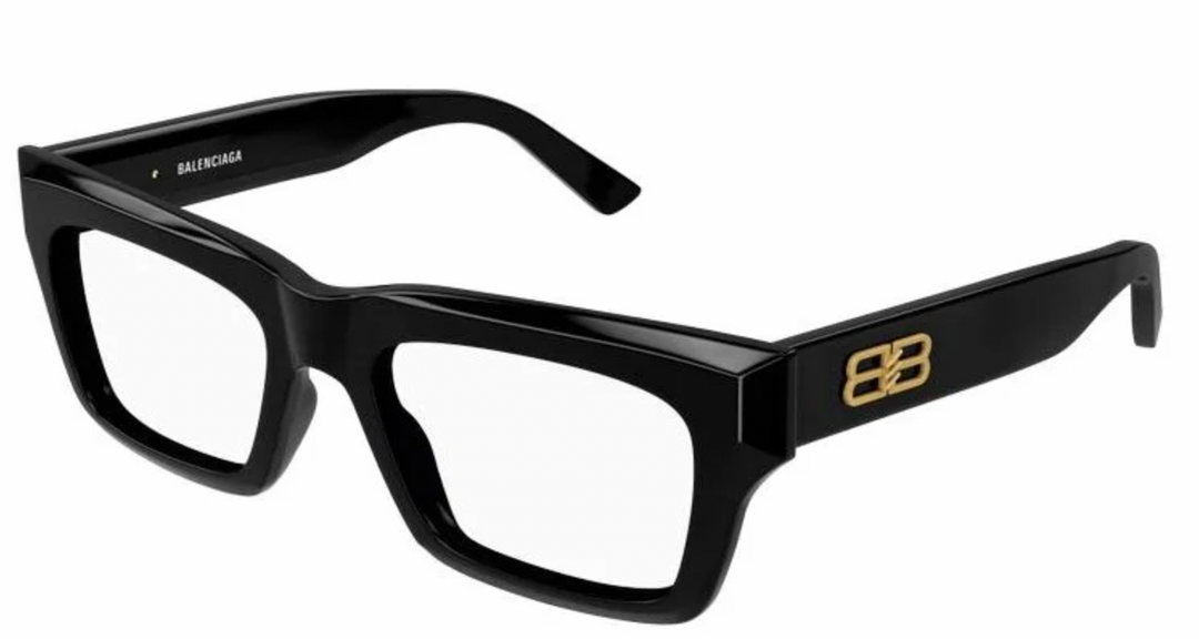 Balenciaga thick-rim black eyeglass frames with square lenses and logo on temples
