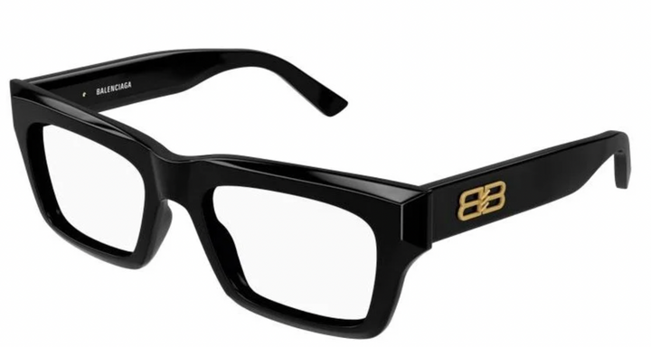 Balenciaga thick-rim black eyeglass frames with square lenses and logo on temples