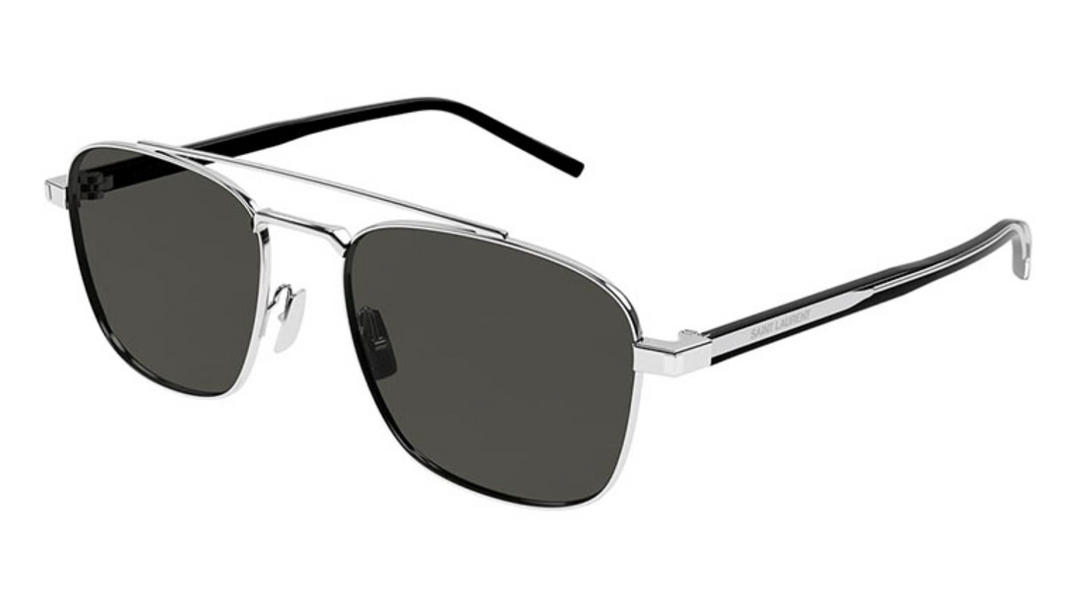 Saint Laurent SL665 aviator sunglasses with silver metal frame and dark gray lenses