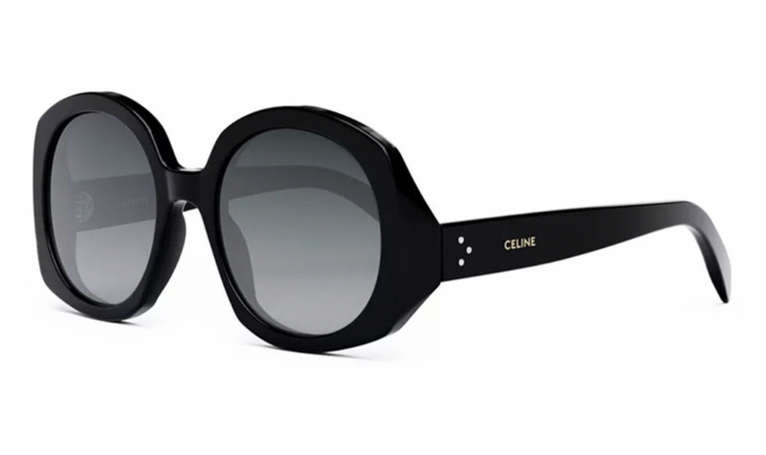 Celine black round sunglasses with gray lenses and CELINE logo on temple arm
