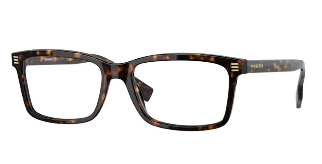 Havana brown tortoiseshell full-rim eyeglass frames, rectangular, Burberry logo on temple