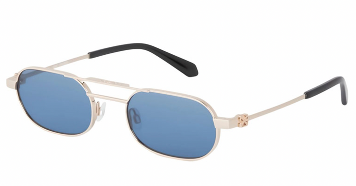 Off White Vaiden aviator sunglasses with silver frame and dark blue mirrored lenses, black temple tips