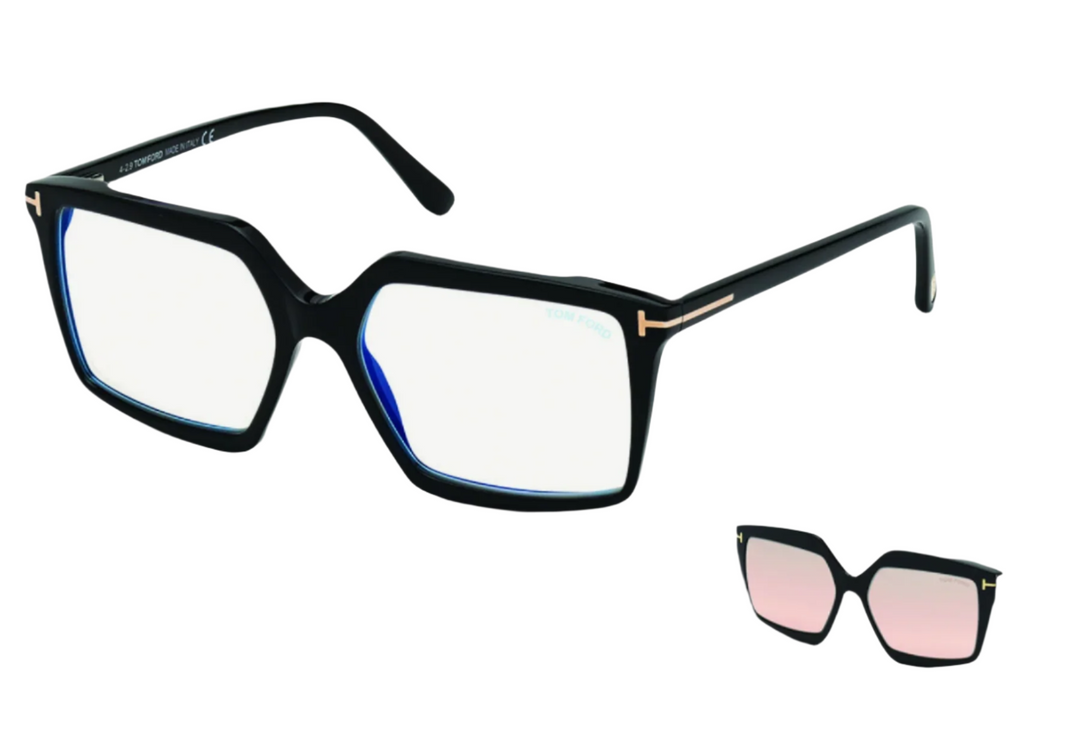 Tom Ford black clip-on sunglasses with rectangular square frame and tinted lenses