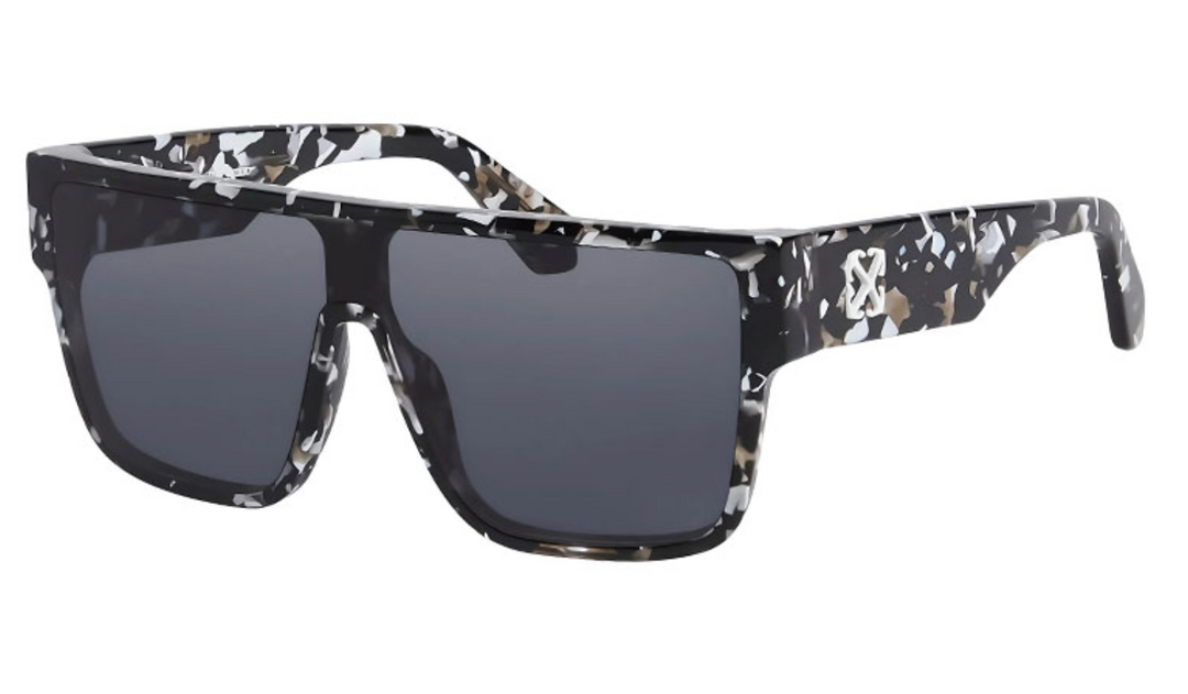 Off White Syracuse black Havana square sunglasses with dark lenses and patterned temple arms