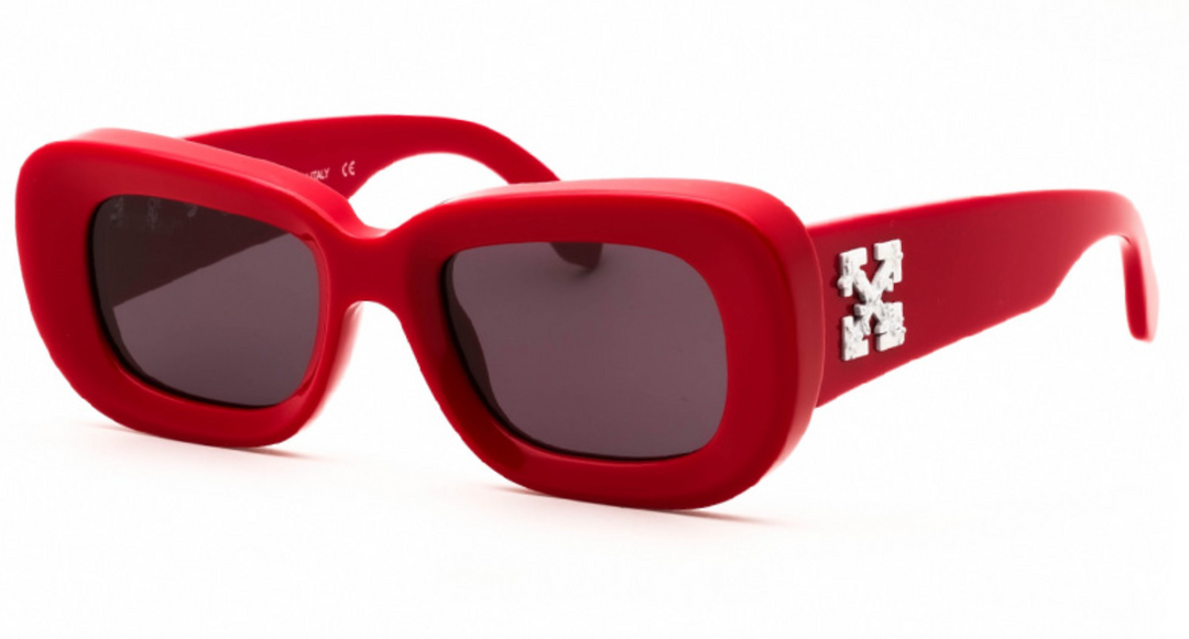 Off White Carrara red sunglasses with dark lenses and logo on side arms