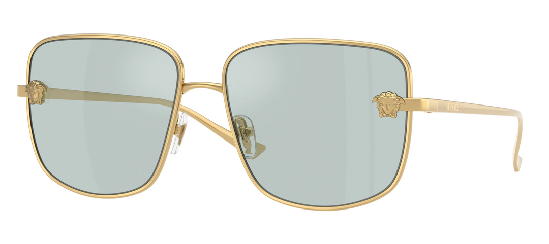 Versace square Medusa sunglasses with gold-tone frame and light blue tinted lenses