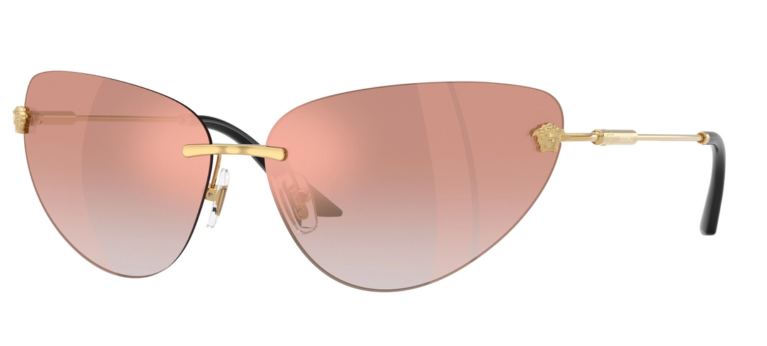 Versace VE2281 pink mirrored mask sunglasses with gold-tone frame and wide cat-eye lenses